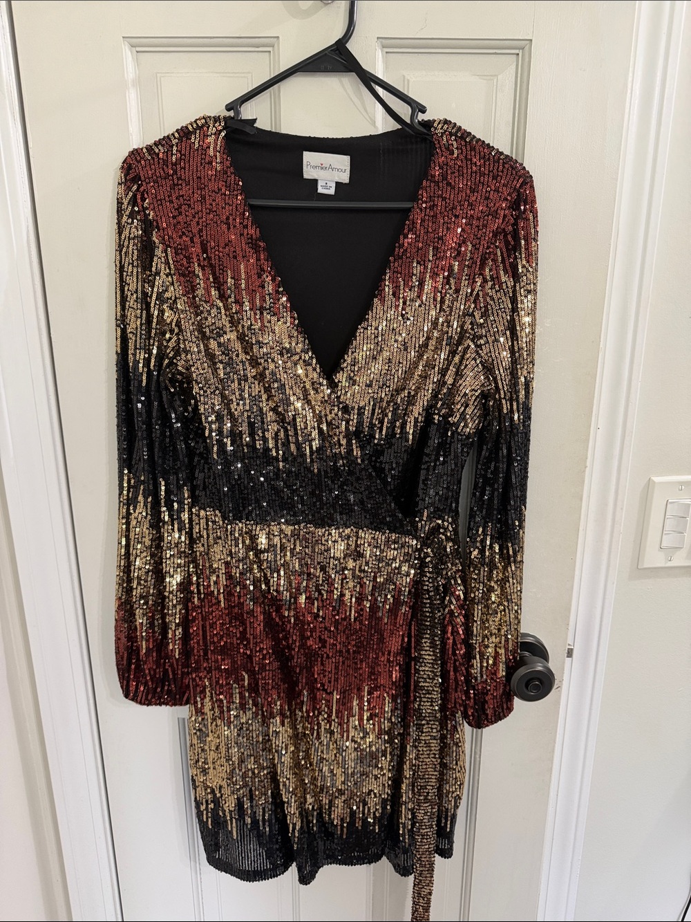 Long-Sleeve Sequin Wrap Dress in Bronze, Gold & Black